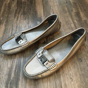 Tory Burch Metallic Silver Leather Driving Flats